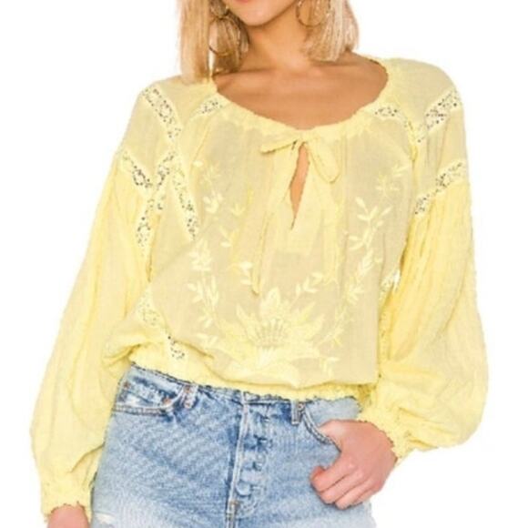 Free People Maria Maria Lace Blouse Butter Yellow Oversized XS Boho Festival - Picture 1 of 9